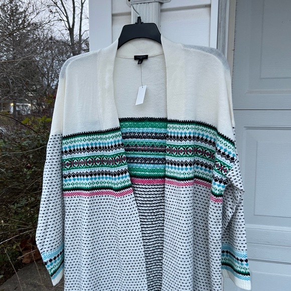 NWT Talbots Soft & Cozy Cream Multicolored Patterned Stripes Open Front Cardigan - Picture 2 of 8